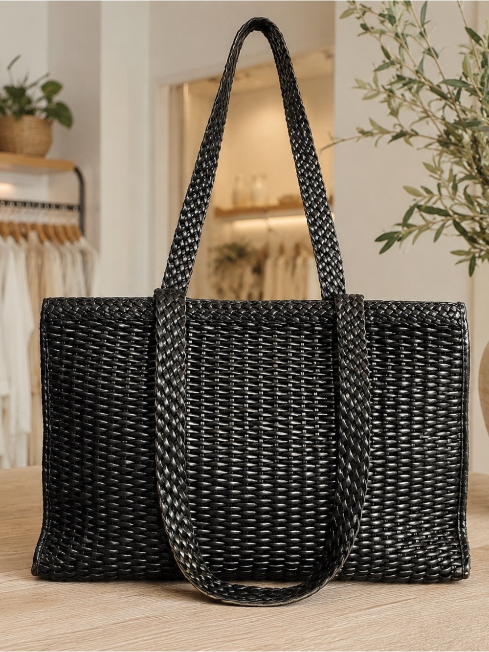 CEM Black Handwoven Leather Tote Bag | Woven Shoulder Bag | Large Satchel